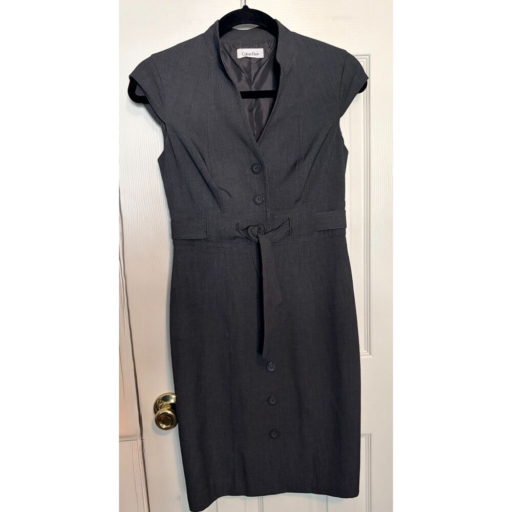 Calvin Klein Charcoal Gray Button Front Sheath Dress 4 Cap Sleeve Belted Midi